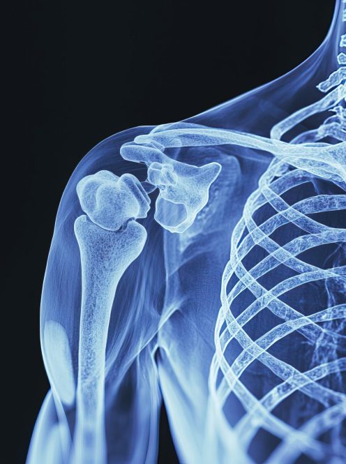 Anatomical Xray of a shoulder joint, with clear visibility of bones and joints, capturing the intricate details of the human skeletal system