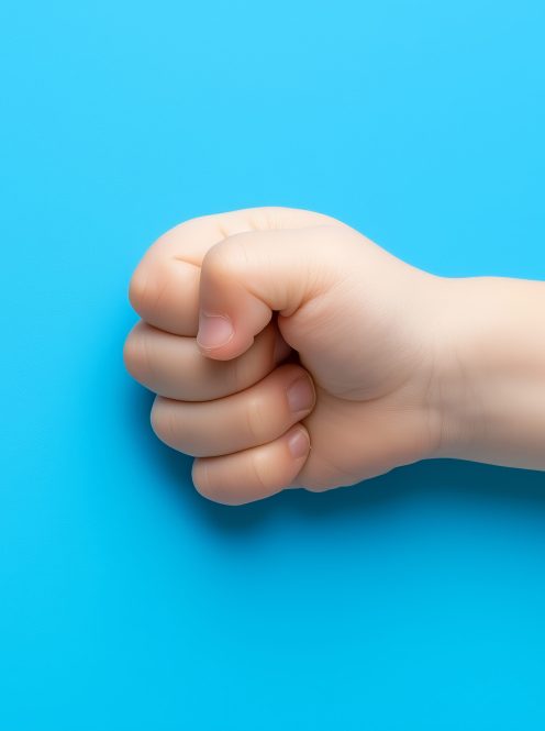 A single hand with a clenched fist is displayed prominently against a vivid blue background.