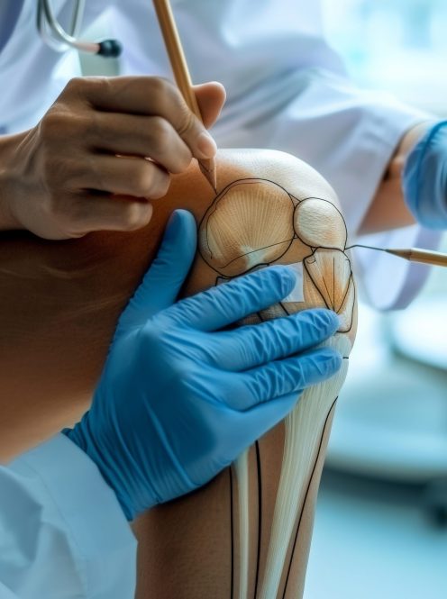 Close-up of an orthopedic doctor explaining knee joint anatomy using a model in a medical office setting.