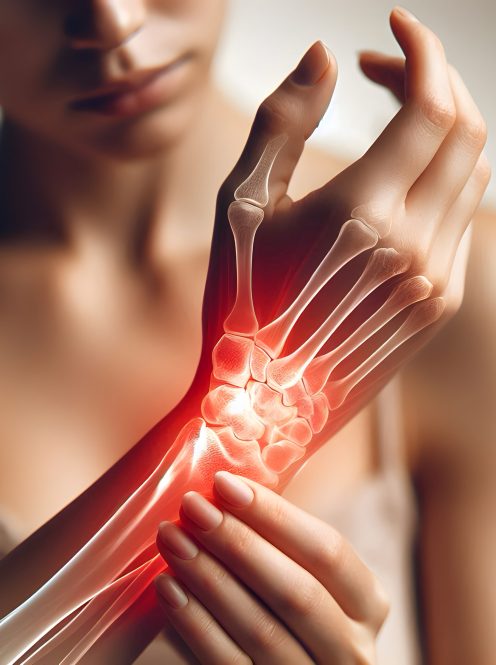 Inflammation of wrist joint. Concept of joint pain, arthritis, rheumatism, trauma or osteoarthritis.