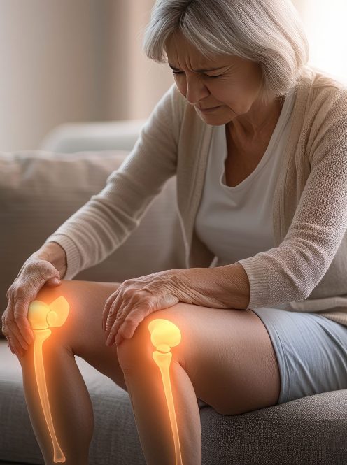 A woman sitting on a sofa with pain in her knee, back, and legs is depicted as an icon of joint pain